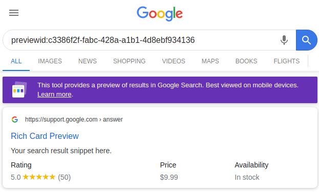 Preview of our product snippet in Google search results