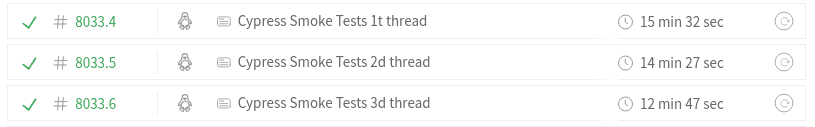 'Cypress testing: Running tests in parallel, photo 2 The list of scripts which we’ve ran and amount of time spent by each Travis machine during start