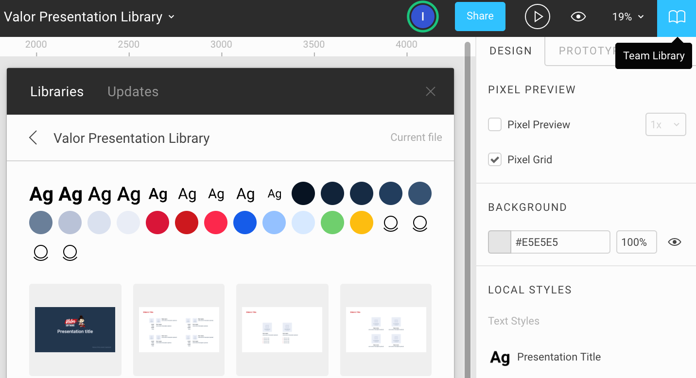 The Figma allows using libraries with predefined templates and styles