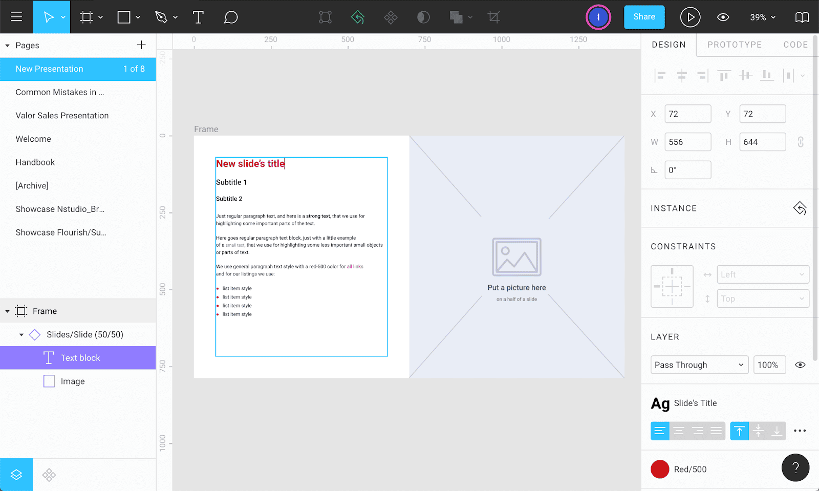 'Figma as a presentation tool: Unifying templates, photo 8 Step #6.Editing text on a slide