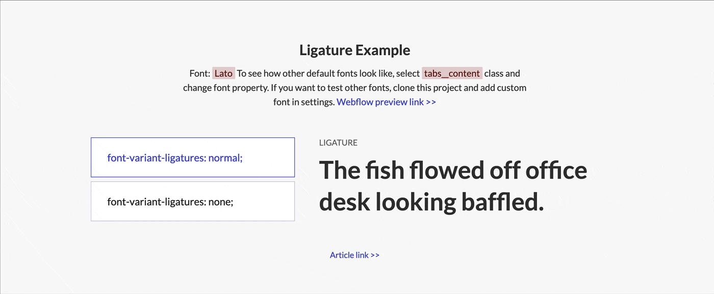 'Webflow custom code snippets you would use. Episode 1, photo 2 Font Ligature Example